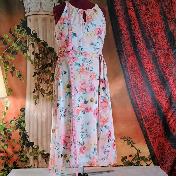 EUC: Nicole Miller Sze12 Pink & White Floral Chiffon Halter Midi Dress - Picture 5 of 6